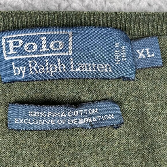 Polo Ralph Lauren Mens Forest Green 100% Pima Cotton V-Neck Sweater Sz XL - Picture 3 of 5